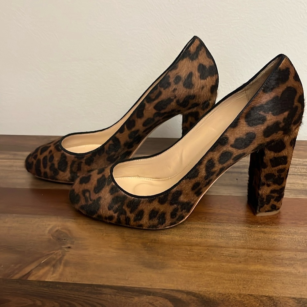 J Crew Leather and Faux Fur Animal Print Heels